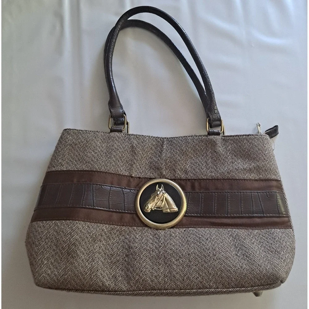 Braciano Brown‎ Herringbone Fabric Satchel Handbag With Horse Head Accent.